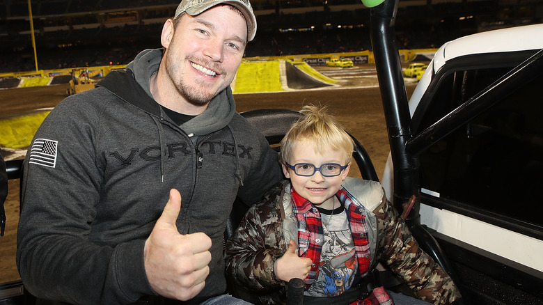 Pratt and son Jack at Monster Jam