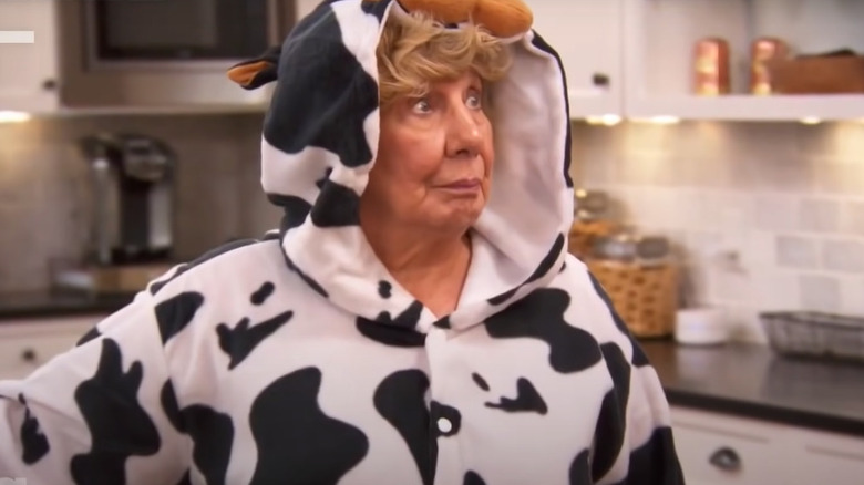 Nanny Faye in a cow onesie