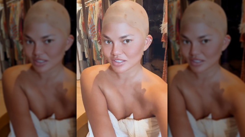 Chrissy Teigen wearing a bald cap