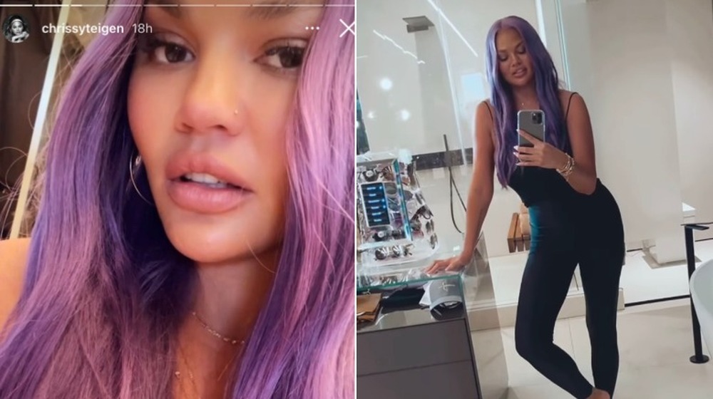 Chrissy Teigen shows off purple wig on Instagram Story