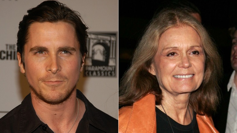 Christian Bale and Gloria Steinem smiling