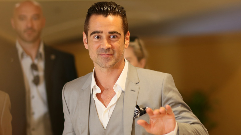 Colin Farrell slicked back hair smiling