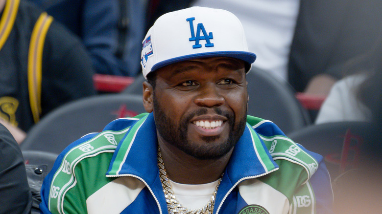 50 Cent wearing LA Dodgers baseball cap