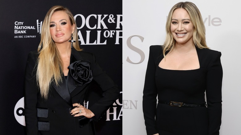 Carrie Underwood and Hilary Duff both posing in black