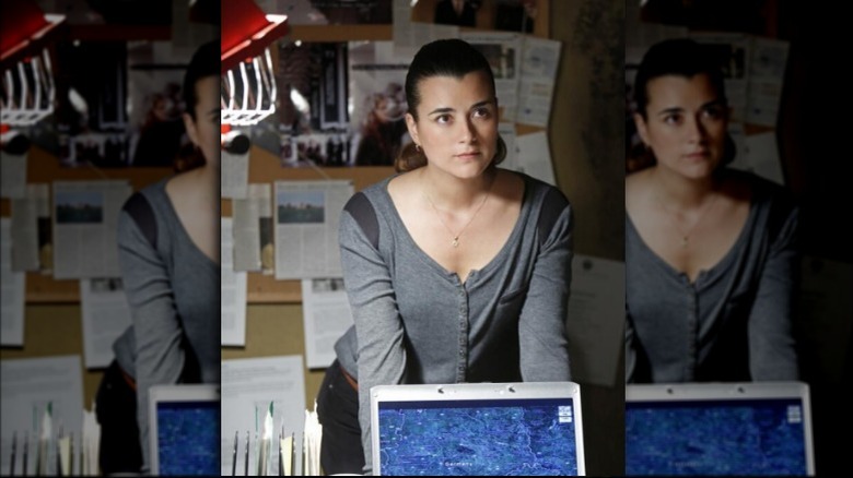 Cote de Pablo behind computer