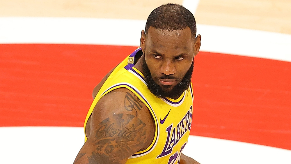 LeBron James looking over his shoulder during a game