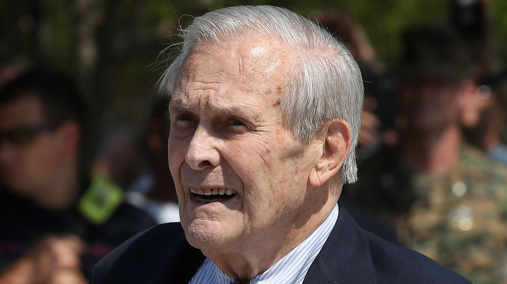 Donald Rumsfeld with his mouth open in 2019