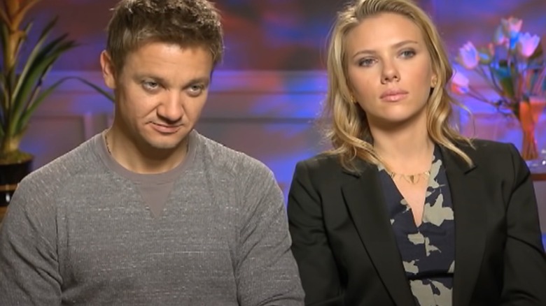 Jeremy Renner and Scarlett Johansson during Extra interview