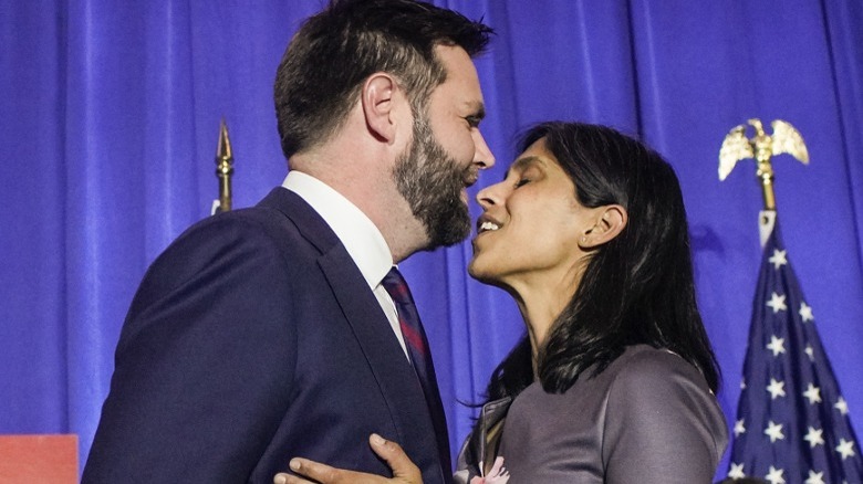 JD Vance shares a moment with wife Usha Vance at an election watch party