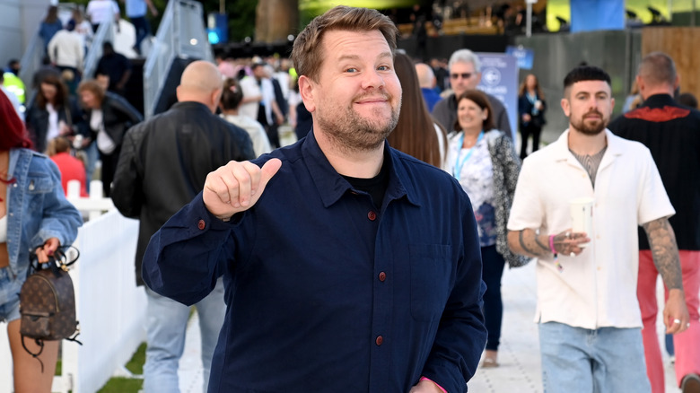 James Corden thumb pointing