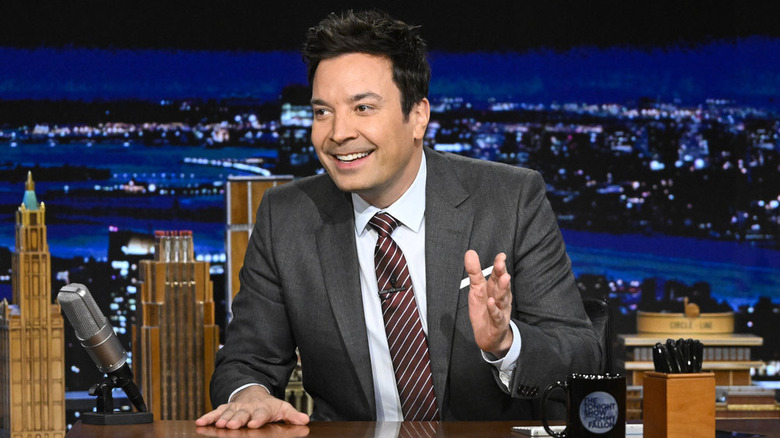 Jimmy Fallon behind his Tonight Show desk