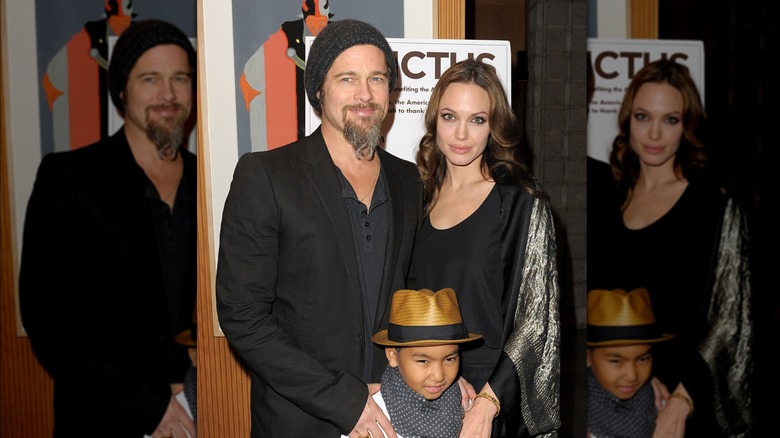 Brad Pitt beard, Angelina Jolie smiling with son