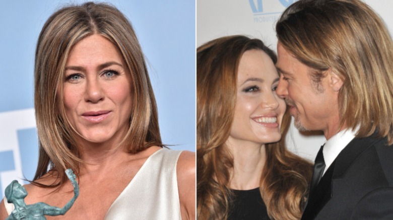 Jennifer Aniston looking surprised, Angelina Jolie and Brad Pitt smiling at each other