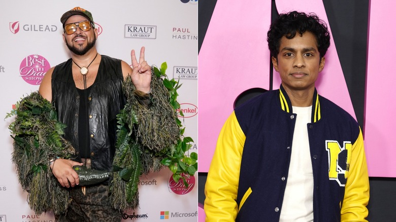 Split image of Daniel Franzese, left, wearing a black leather vest and green tree moss shawl, and Rajiv Surendra, right, wearing a letterman jacket