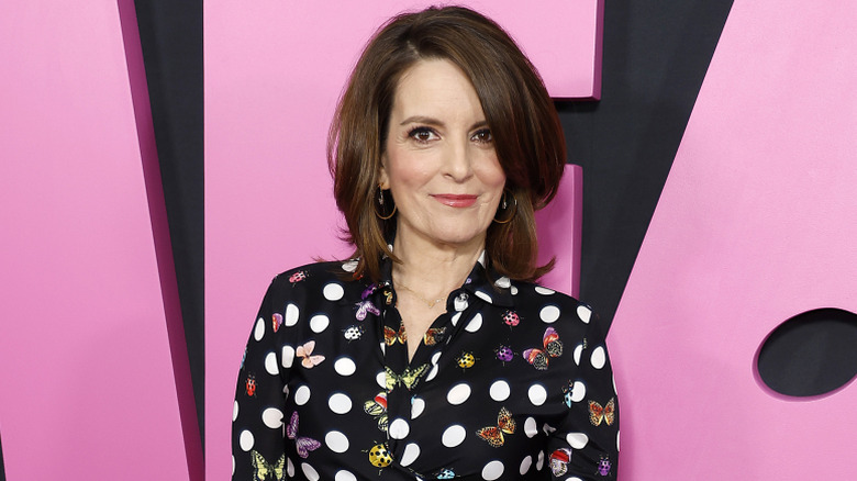 Tina Fey wearing a polka dot graphic collared dress