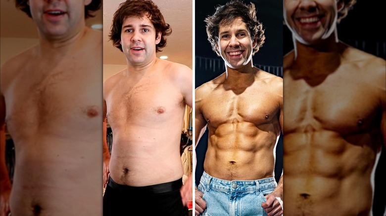 David Dobrik showing off his body transformation with a before and after