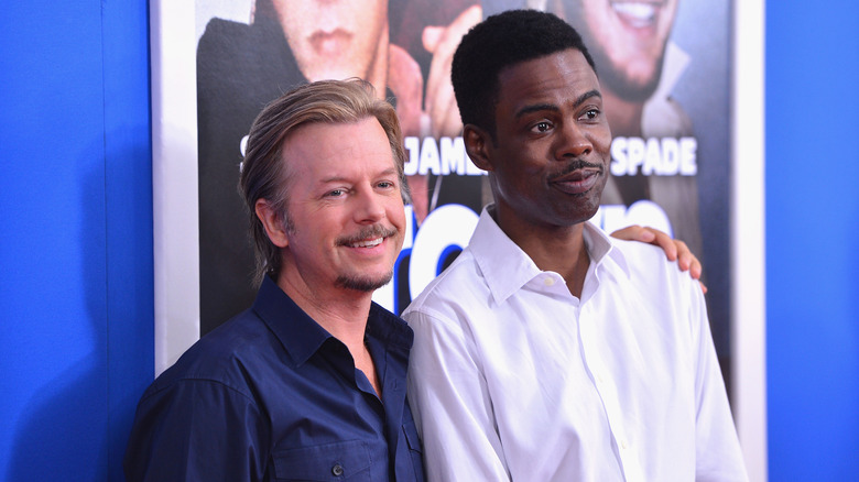 David Spade and Chris Rock pose at the "Grown Ups 2" premiere