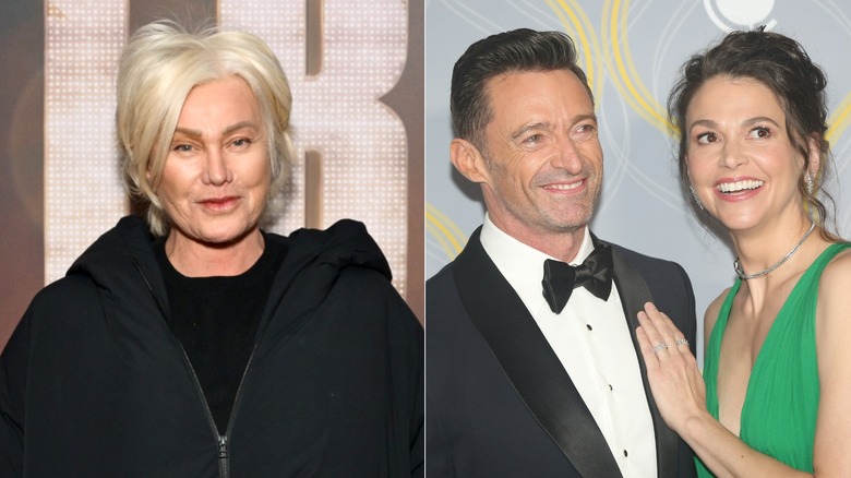 Deborra-Lee Furness smiling, left, and Hugh Jackman and Sutton Foster smiling and posing together, right