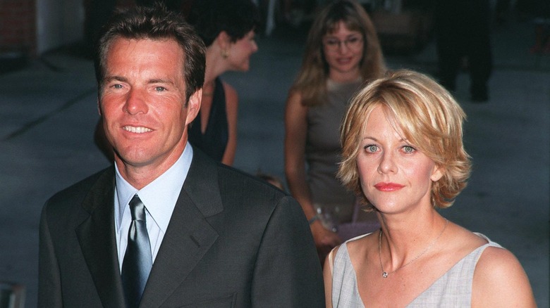 Dennis Quaid smiling, Meg Ryan looking serious