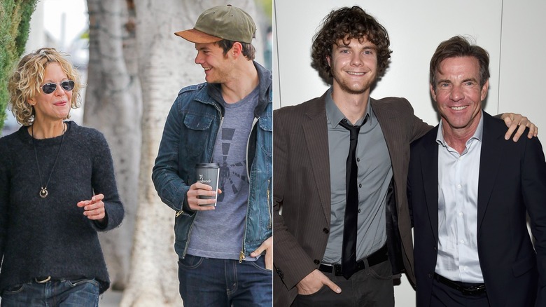 Meg Ryan and Jack Quaid laughing, Jack Quaid smiling with Dennis Quaid