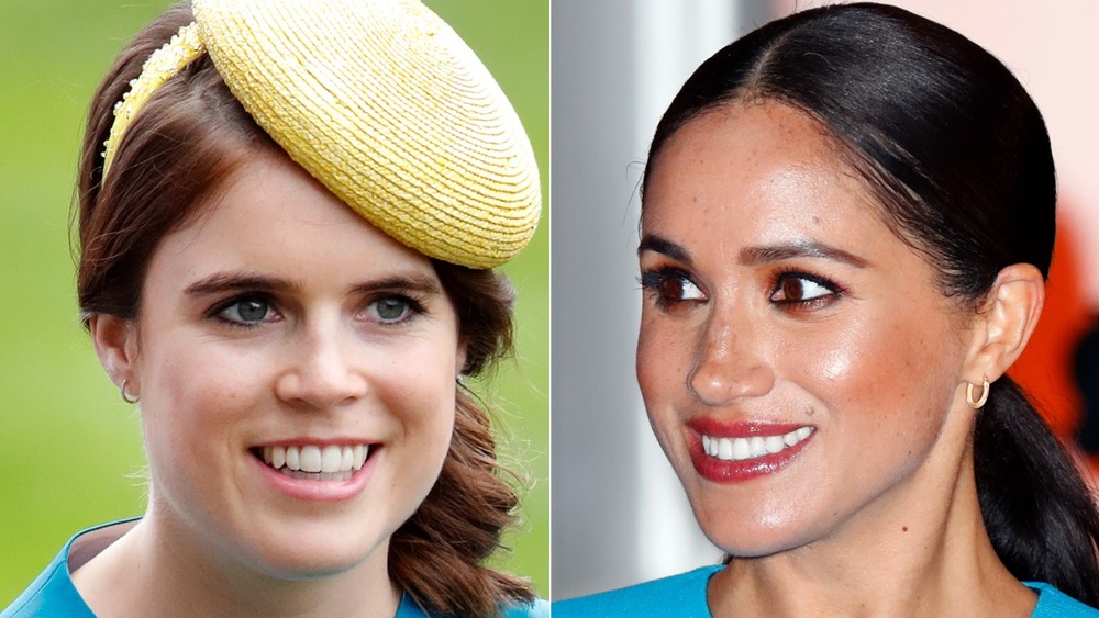 Princess Eugenie smiling, Meghan Markle smiling