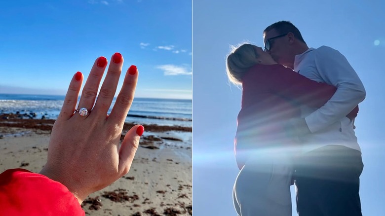 Split image of Karoline Leavitt's engagement ring and her kissing her husband