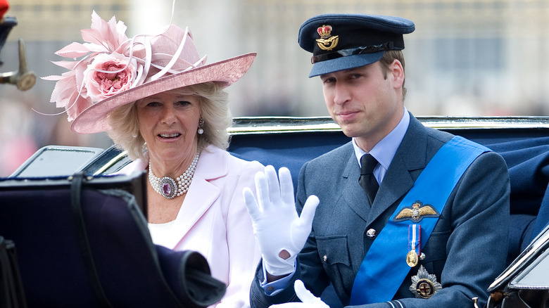 Prince William and Camilla Parker-Bowles in a carriage.