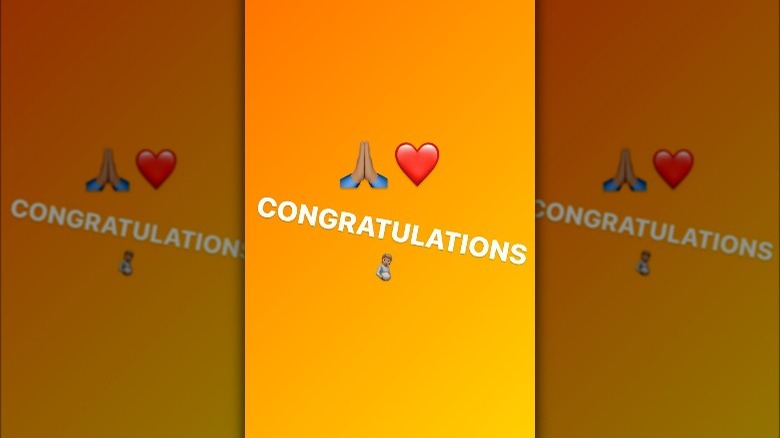 The word "Congratulations" surrounded by the praying hands, heart, and pregnant person emojis