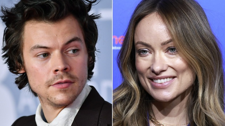 Harry Styles glancing back, Olivia Wilde smiling