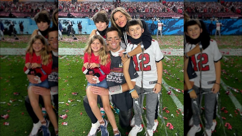 Gisele Bundchen with Tom Brady on the football field