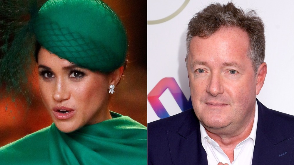 Meghan Markle speaking, Piers Morgan staring 