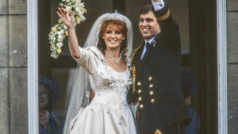 Prince Andrew and Sarah Ferguson waving on their wedding day