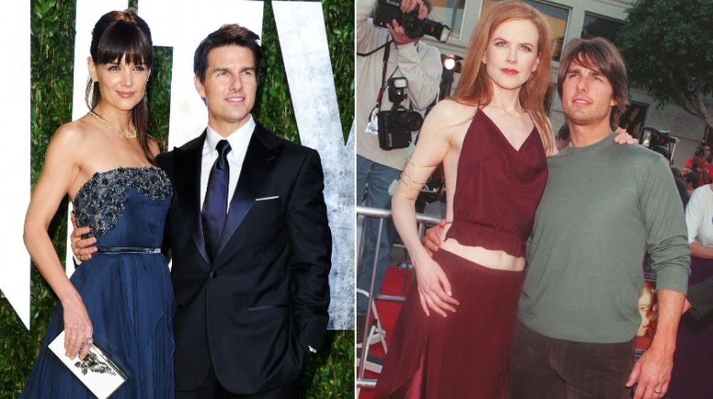 Tom Cruise posing with Katie Holmes and Nicole Kidman; split image