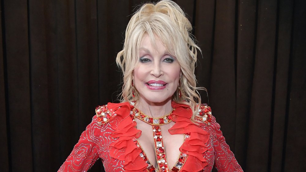 Dolly Parton in a red dress