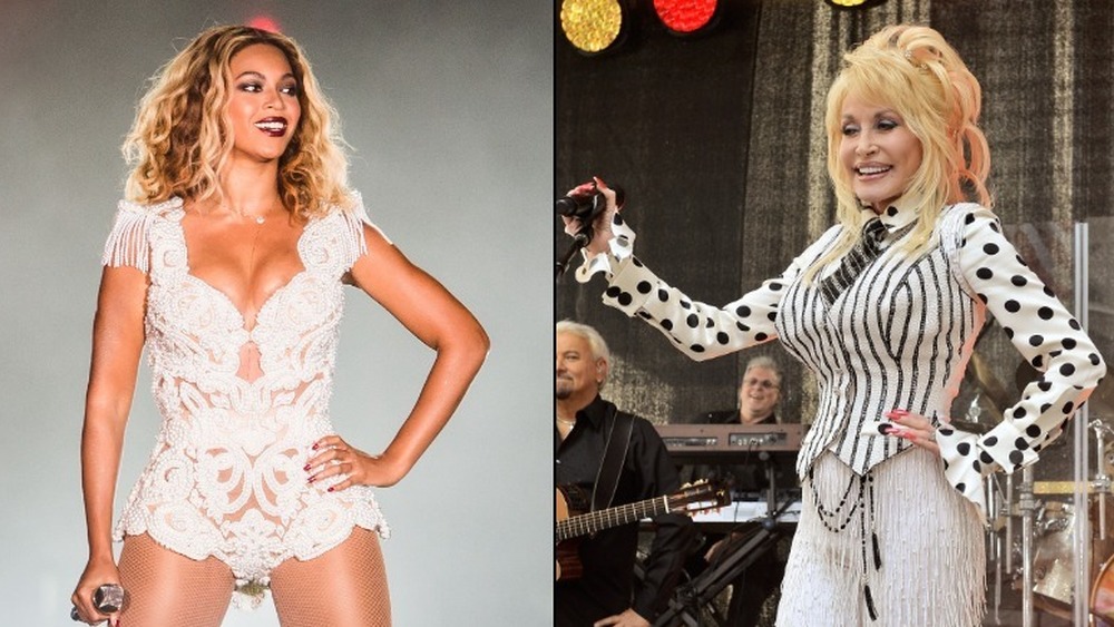 Beyonce and Dolly Parton smiling on stage