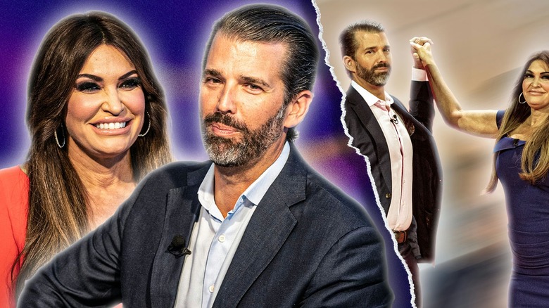 Donald Trump Jr. and Kimberly Guilfoyle on stage holding hands in air