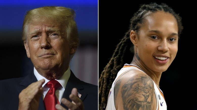 Donald Trump clapping and Brittney Griner smiling