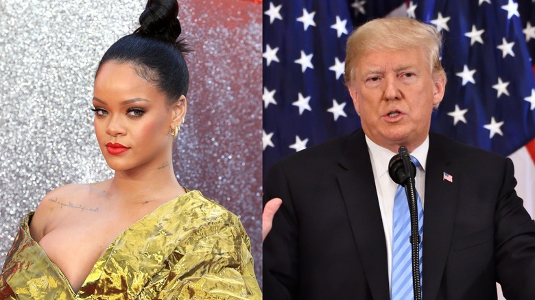 Rihanna with a top knot; Donald Trump speaking into microphone