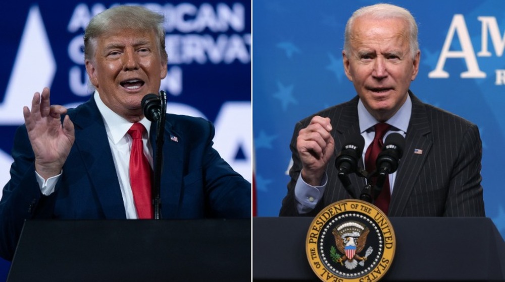 Donald Trump and Joe Biden speak at podiums in split image