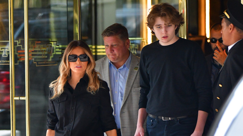 Melania and Barron Trump exiting Trump Tower