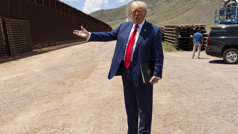 Donald Trump outstretches arm at border