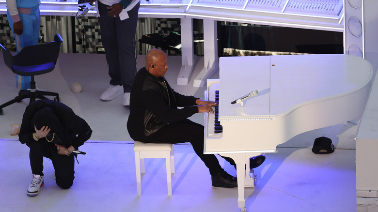 Dr. Dre playing the piano at the Super Bowl halftime show