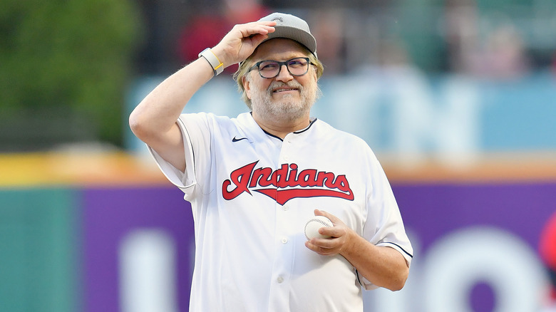 Drew Carey smiling in Cleveland Indians jersey 