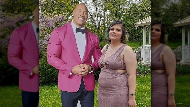 Teen in pink dress with The Rock cutout