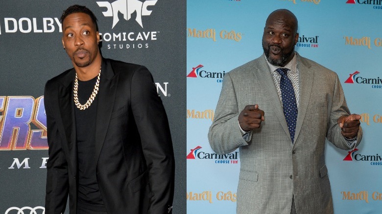 Dwight Howard in black blazer and chain; Shaquille O'Neal in suit and tie