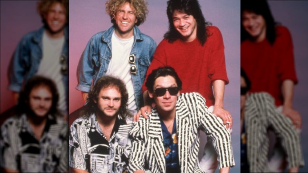 Clockwise: Sammy Hagar, Eddie Van Halen, Alex Van Halen, and Michael Anthony pose for a Van Halen band portrait 