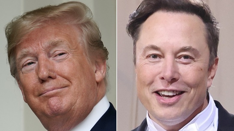 Elon Musk and Donald Trump at events, split image