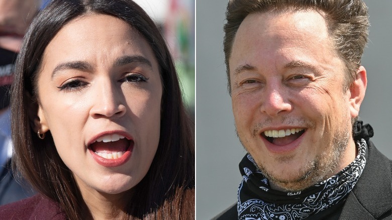 Rep. Alexandria Ocasio-Cortez and Elon Musk split image