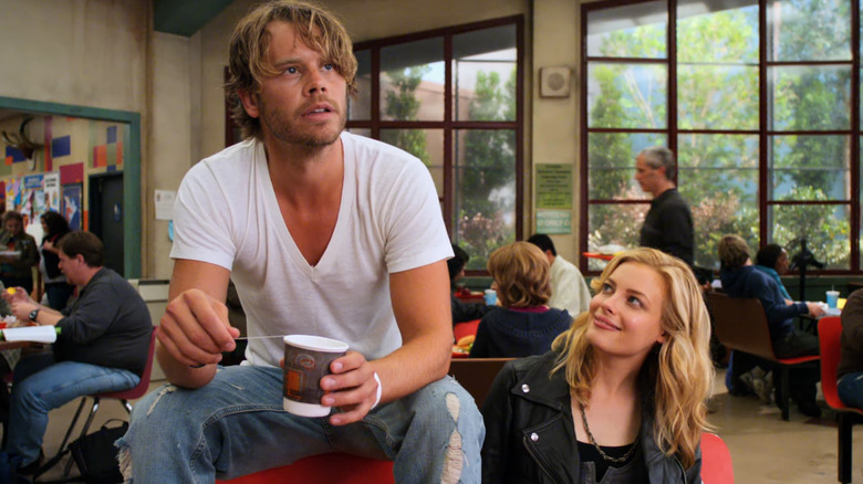 Eric Christian Olsen and Gillian Jacobs talking in Community