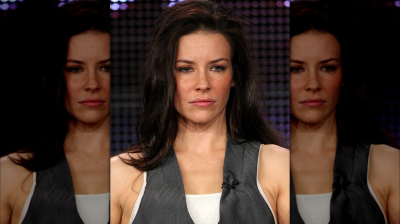 Evangeline Lilly with a serious expression